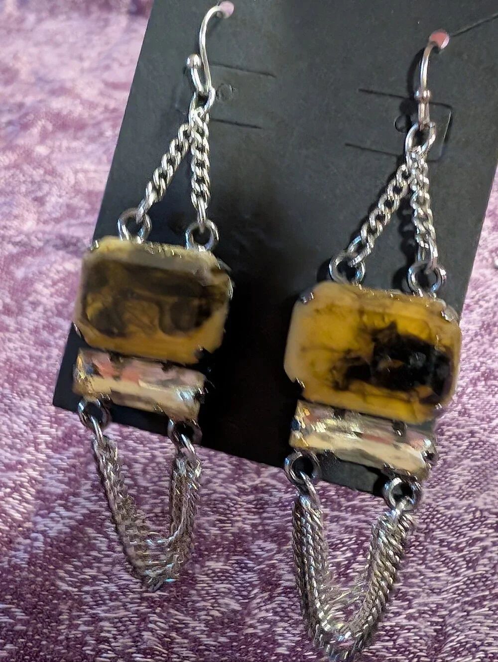 Handcrafted Yellow and Black Resin Dangle Earrings with Silver Chains - Picture 2 of 2